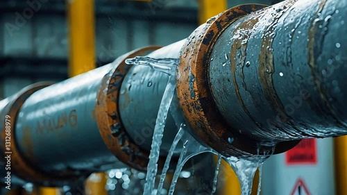 Rusty industrial water pipe leaking and dripping into a pool below in a grungy urban setting
