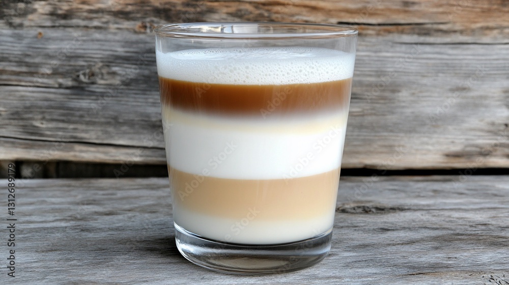Layered coffee drink, rustic wood background, outdoors Layered coffee drink, rustic wood background, outdoors