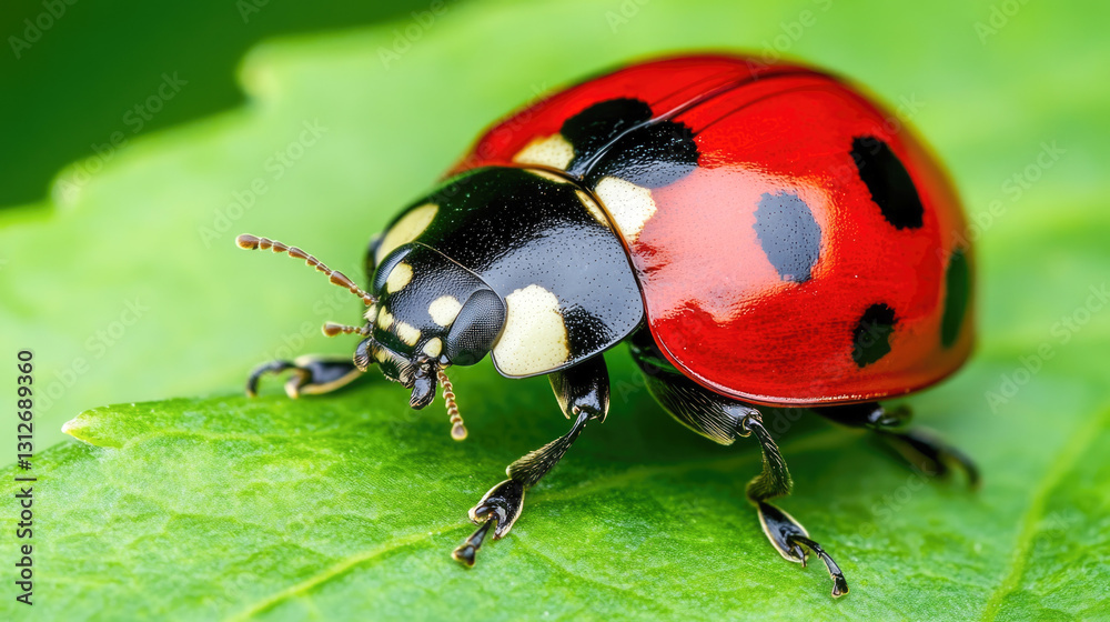 Fototapeta premium Close-up of a red ladybug on a green leaf in natural habitat