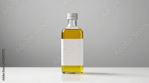 transparent bottle without label with yellow oil liquid, olive oil bottle,obejct,ingredient photo