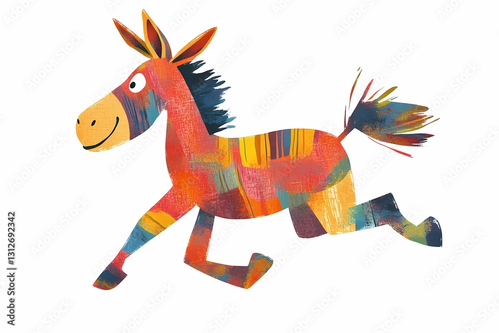 Fototapeta premium Cheerful cartoon donkey prancing across white background, bringing whimsical charm to kid friendly design and playful graphic projects