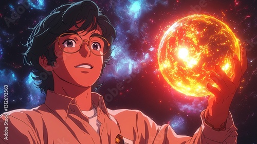 A man holding a glowing orb in his hand with a chibi anime scientist celebrating a scientific discovery in a colorful and vibrant setting ,ShÅjo (Shoujo) Anime Style, shell style