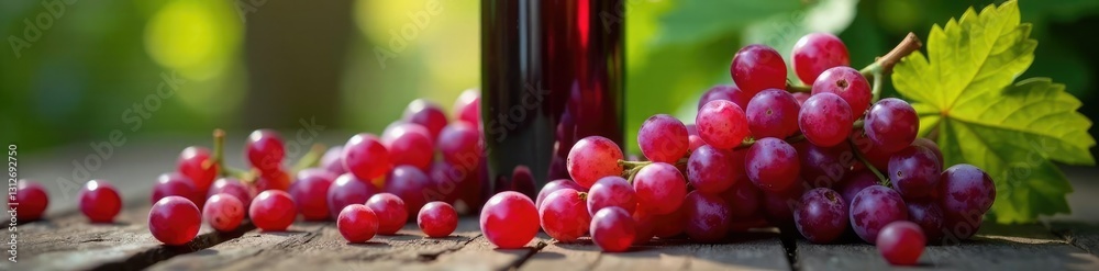 Fresh grapes scattered around a red wine bottle, greenery, scattered grapes, wine and grapes Fresh grapes scattered around a red wine bottle, greenery, scattered grapes, wine and grapes