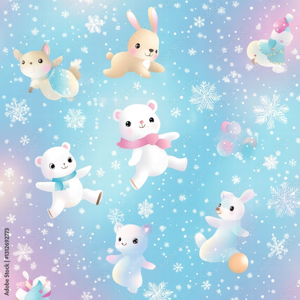 Fototapeta premium Winter Wonderland: A charming illustration presents adorable polar bears and playful animals amidst a flurry of snowflakes, creating a whimsical and enchanting winter scene.