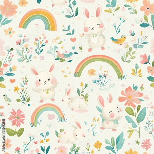 Whimsical Bunnies and Rainbows: An adorable pattern features playful bunnies, vibrant rainbows, blooming flowers, and charming birds, creating a cheerful and inviting design.