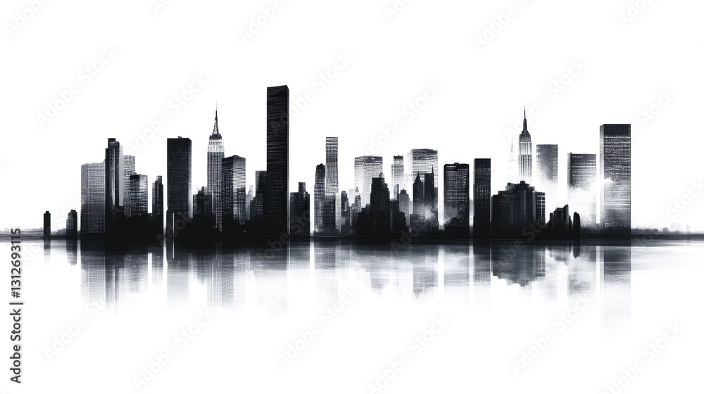 Silhouette of modern city skyline reflecting across water in black and white Silhouette of modern city skyline reflecting across water in black and white