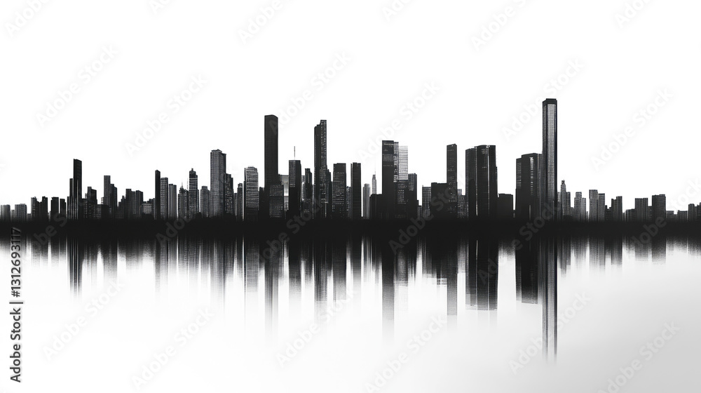 Fototapeta premium Modern city skyline reflection with high-rise buildings over calm water in black and white