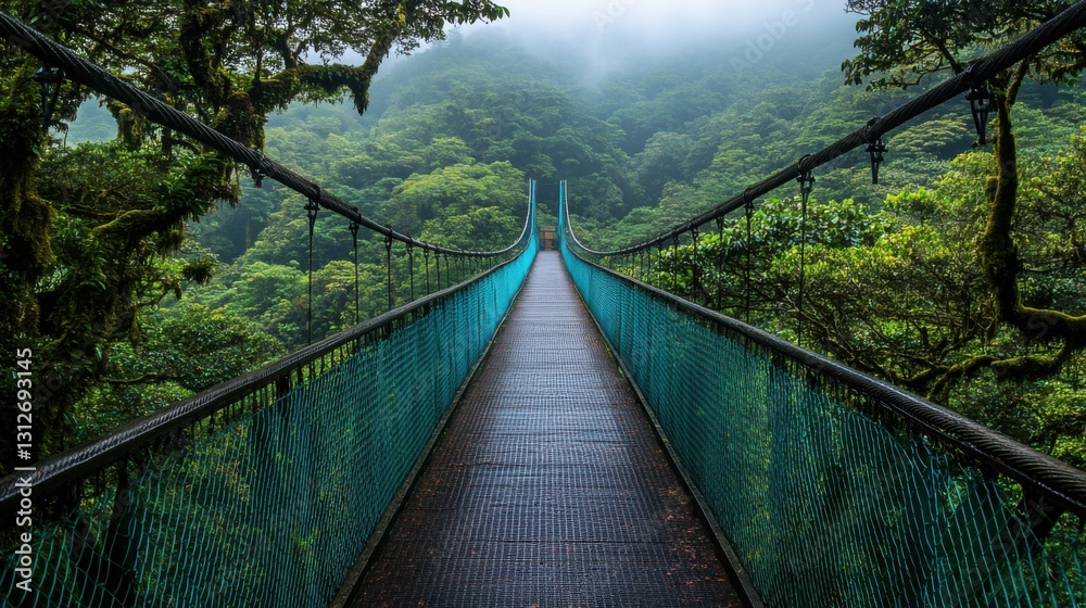 Obraz premium Green forest landscape. Suspension bridge over trees. Walk on hanging bridge. Explore nature. Forest scenery. Lush foliage. Adventure travel. Natural landscape. Beautiful jungle.