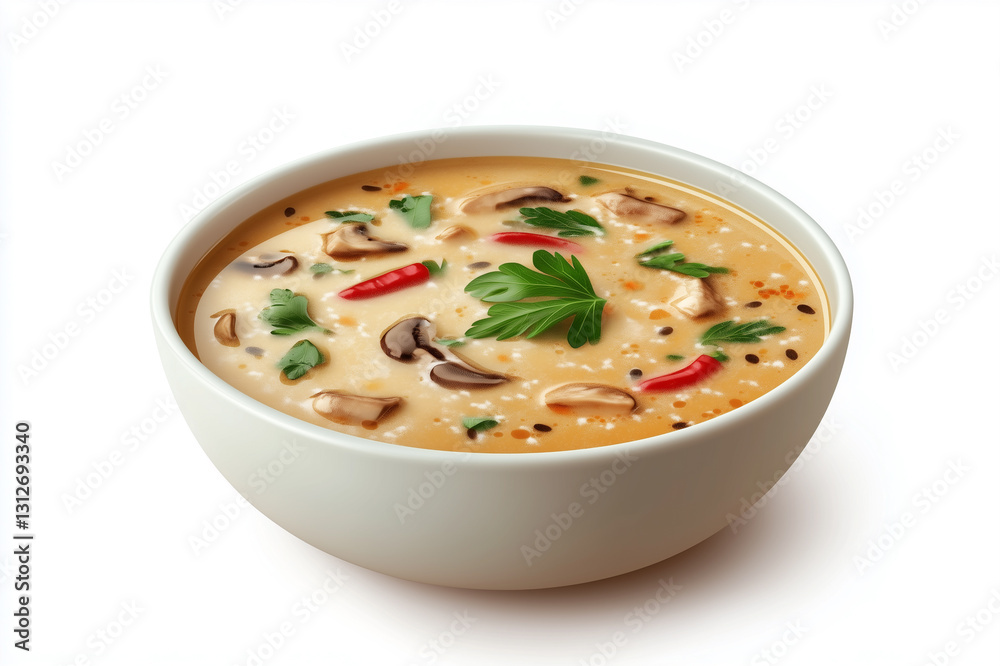 Isometric view of Thai Coconut Soup, food illustration art, isolated on white Isometric view of Thai Coconut Soup, food illustration art, isolated on white