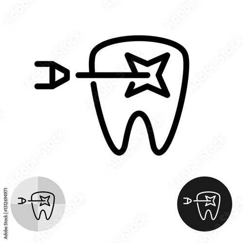 Tooth laser whitening or other dental procedure black line icon. Laser emitter with beam and flash on the molar tooth. Editable stroke.