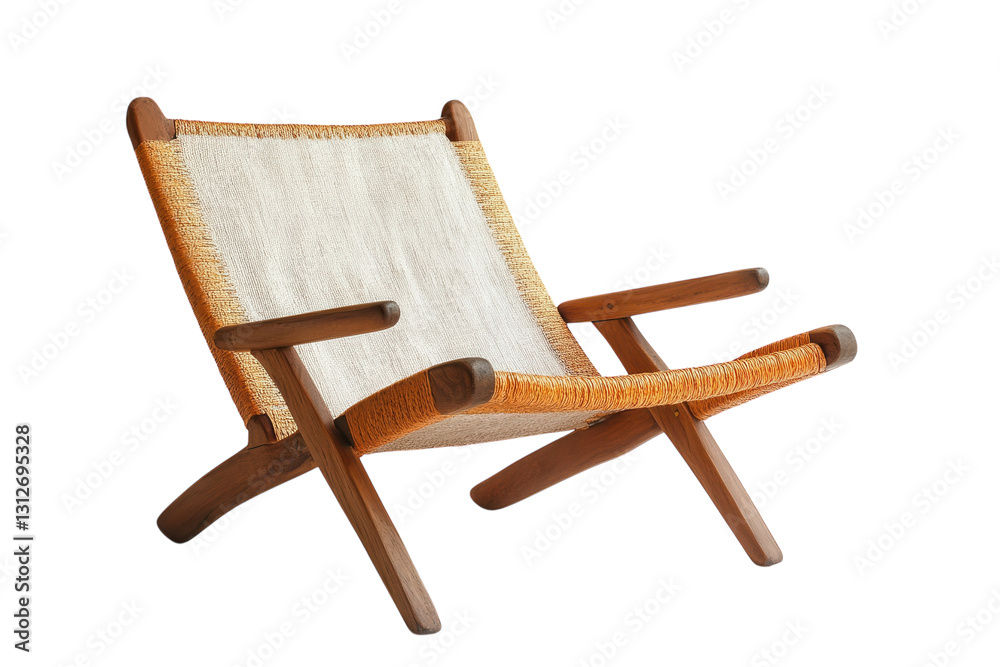 Stylish wooden lounge chair with woven fabric in a modern setting with natural light Stylish wooden lounge chair with woven fabric in a modern setting with natural light