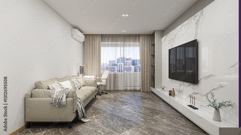 Fototapeta premium A modern, minimalist living room with a beige sofa, marble TV wall, sleek decor, and a home office by a large window offering a stunning city view. Cozy, stylish, and functional