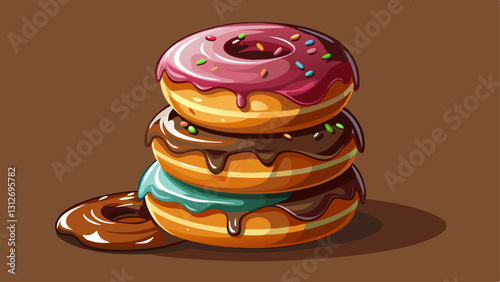 lucious donuts stacked on top of each other they are dark chocolate slightly melting