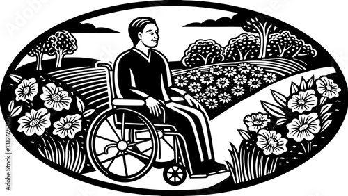 Man in wheelchair enjoying flowers in a serene landscape