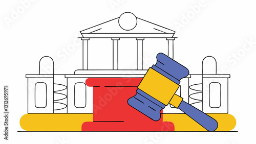 Illustration of a gavel on a red block in front of a courthouse