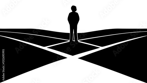 Person standing at crossroads against abstract landscape