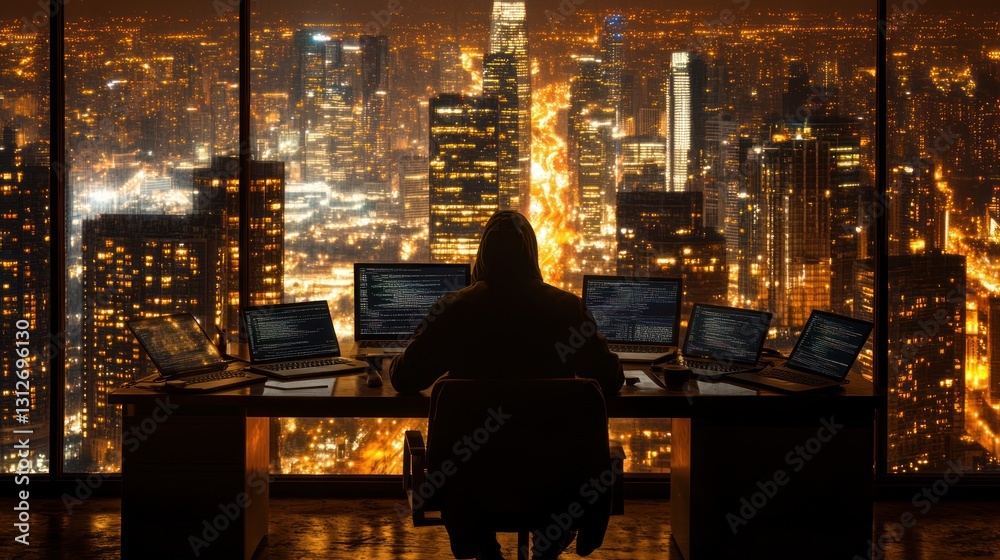 Night city view, programmer working, high-rise office, panoramic view, work scene, digital future, tech, career Night city view, programmer working, high-rise office, panoramic view, work scene, digital future, tech, career