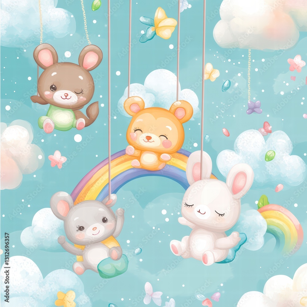 Fototapeta premium Whimsical Friends: A watercolor illustration of adorable cartoon animals playing among fluffy clouds, a rainbow, and butterflies.