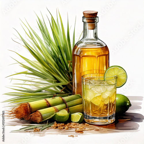 Verre de punch avec bouteille de rhum et cannes à sucre sur fond blanc