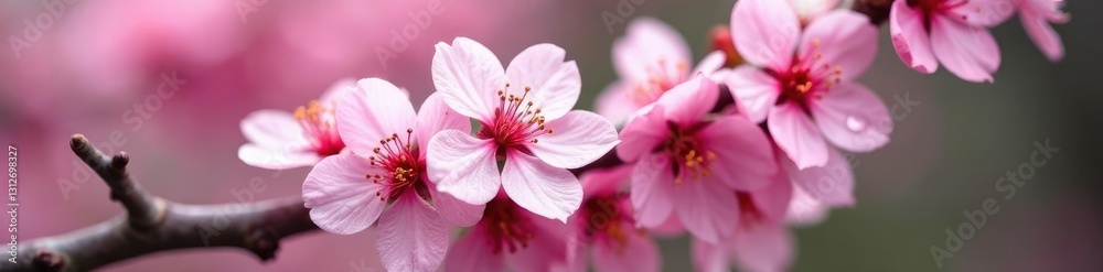 Obraz premium Pink cherry blossoms with dew drops on the petals, cherry blossoms, bloom, blossom