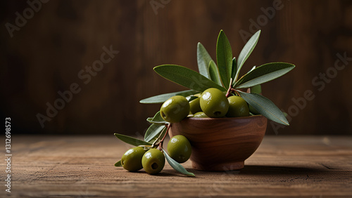 Olives in a wooden bowl placed on a wooden floor, leaving some space.
