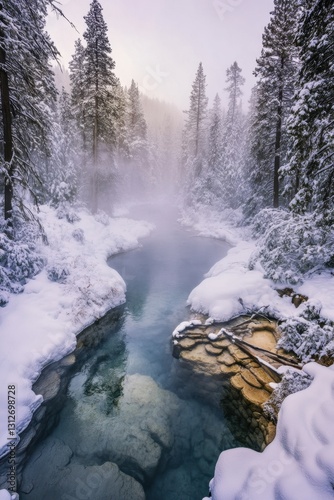 Serene Winter River in Snowy Forest with Misty Trees and Calm Waterflow