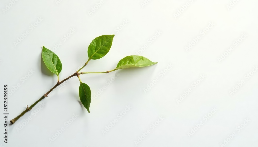 Fototapeta premium Single branch with subtle reflections on white background, serene atmosphere, texture