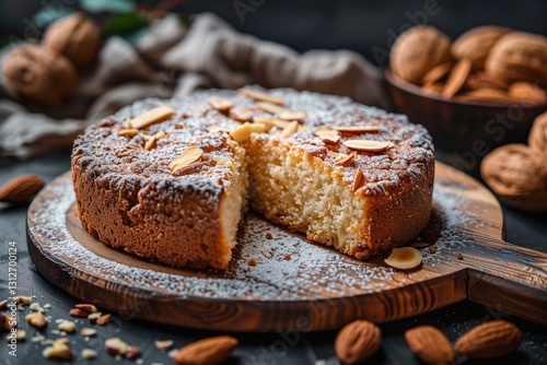 Italian Sbrisolona, a rustic, crumbly almond cake with a golden, textured surface, presented on a round wooden board

