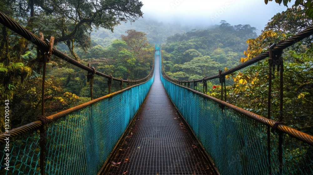 Suspension bridge over green forest. Lush trees and fog cover the landscape. Walkway perspective on metal structure. Nature adventure through the wilderness. Suspension bridge over green forest. Lush trees and fog cover the landscape. Walkway perspective on metal structure. Nature adventure through the wilderness.