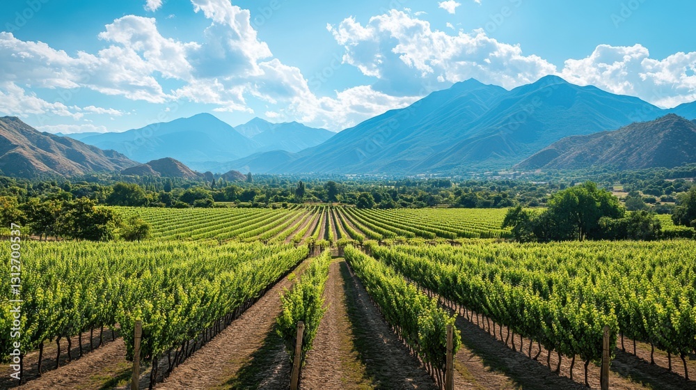 Fototapeta premium Green vineyard rows stretching toward mountain range under a bright blue sky with scattered white clouds on a sunny day.