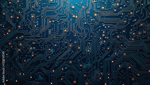 Circuit board pattern with a tech theme and organized layout from a top view