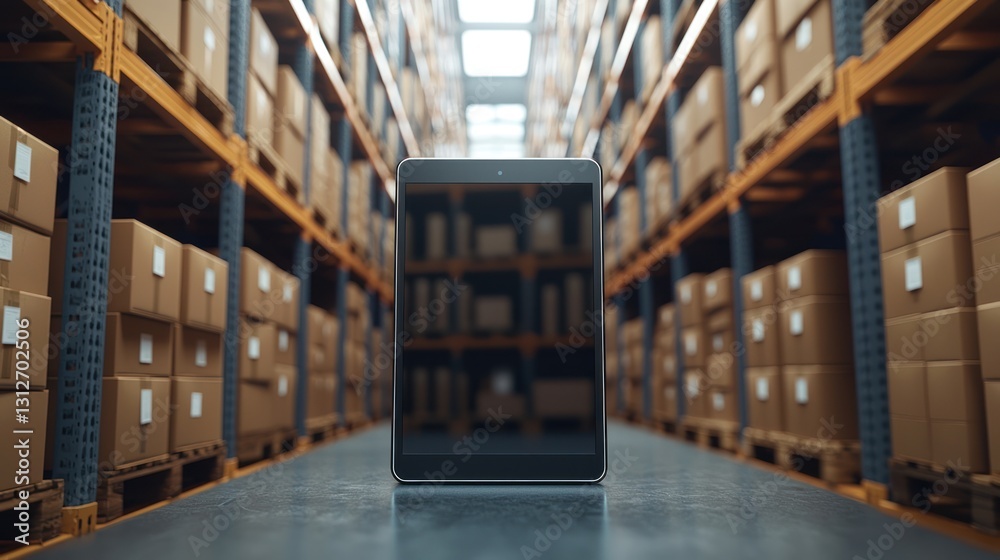 Fototapeta premium Warehouse tablet; inventory management; logistics; technology