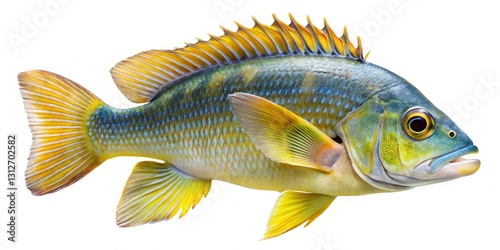 yellowtail cichlid fish isolated on white background