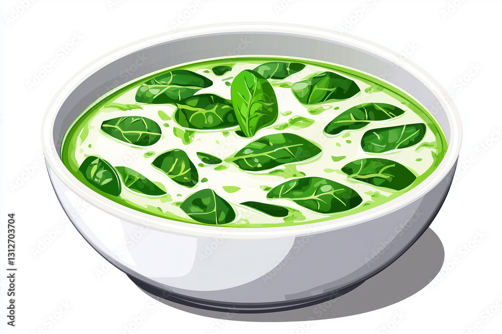 Isometric view of Creamed Spinach with Nutmeg, food illustration art, isolated on white Isometric view of Creamed Spinach with Nutmeg, food illustration art, isolated on white