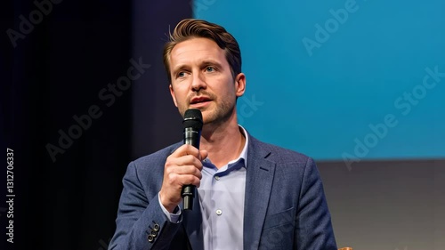 Businessman giving a presentation at a conference, holding a microphone while speaking to the audience.