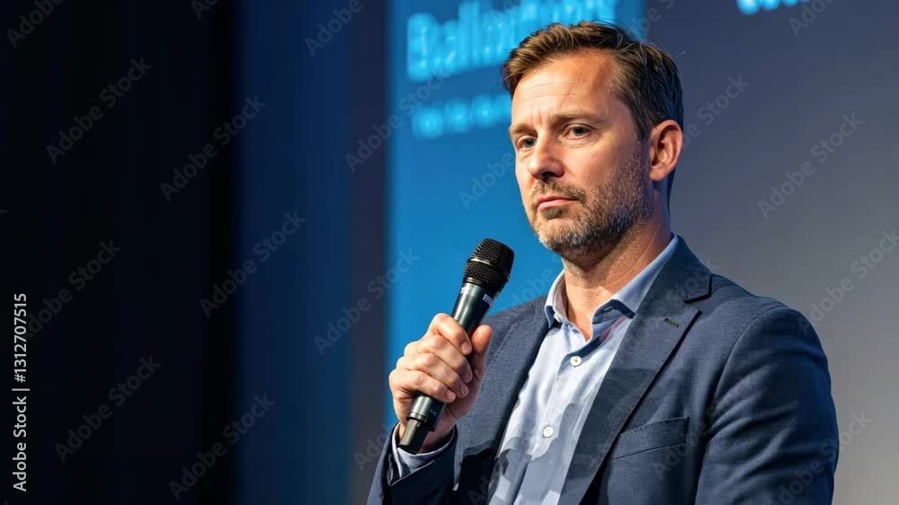 custom made wallpaper toronto digitalMale speaker engaged in a presentation, holding a microphone at a business conference.