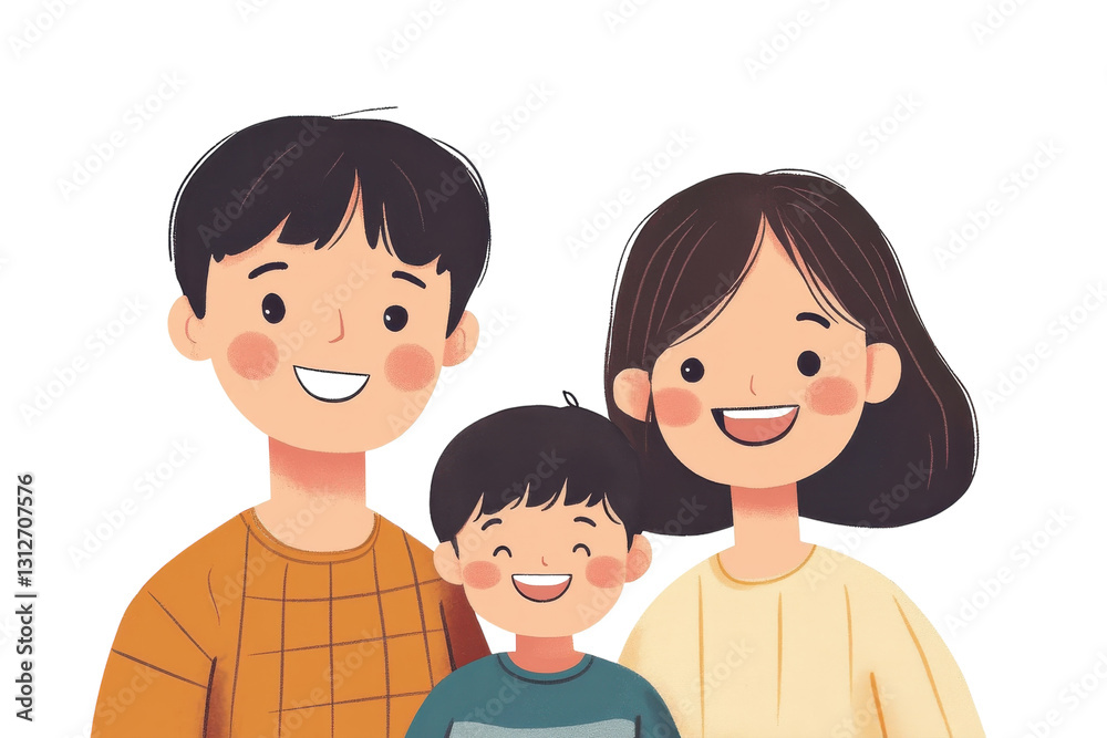 Joyful family portrait with a smiling child and parents in a simple, cheerful style Joyful family portrait with a smiling child and parents in a simple, cheerful style