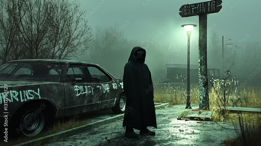 Mysterious figure in a hooded cloak stands by an abandoned car under a dim streetlight at dusk