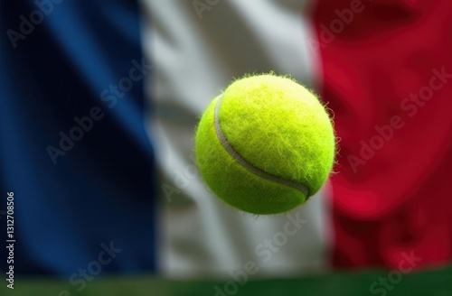 Tennis ball flying across french flag, close-up. Championships, game, professional sports or hobby, international tournament.