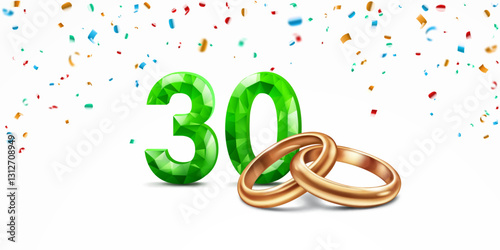 Принти на полотні A green faceted number 30 with intertwined golden wedding rings in foreground, surrounded by colorful confetti, on white background, symbolizing the celebration of the thirtieth wedding anniversary