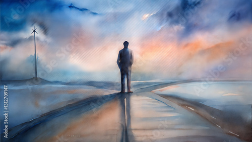 Silhouette of a person at a crossroads against a cloudy sky