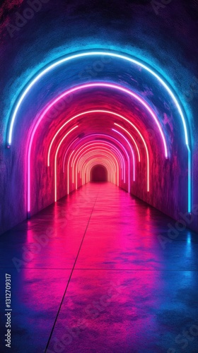 Colorful neon lights illuminate an artistic tunnel in a modern urban setting at night