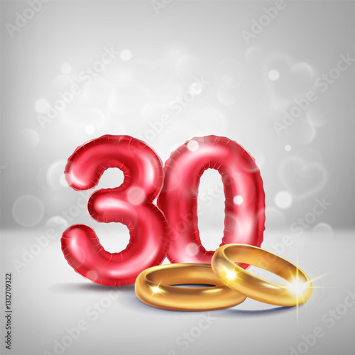 A red number 30 in the form of a balloons with two gold wedding rings, symbolizing the celebration of the thirtieth wedding anniversary, on a light background with small hearts flying around. photo