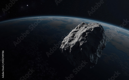 Asteroid floating in space above Earth photo