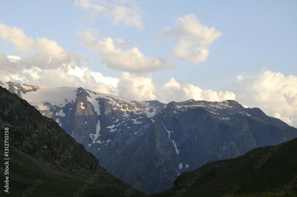 Obraz premium mountain landscape with clouds, tour of the Ecrins and Oisans Massif, hiking, trek, GR54, Alps, France, summer, holidays.