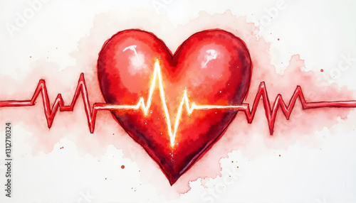 Watercolor heart with ECG line, vibrant red colors depicting health concept for World Health Day