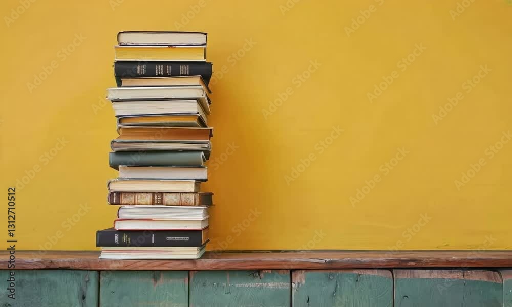 A stack of books placed neatly on top of a wooden table, against a vibrant yellow background.