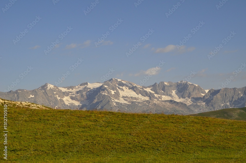 Fototapeta premium mountain landscape with blue sky, tour of the Ecrins and Oisans Massif, hiking, trek, GR54, Alps, France