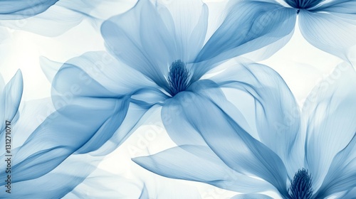 Seamless pattern with elegant translucent blue flowers with delicate petals on a white background. Soft and artistic floral design conveying beauty and serenity