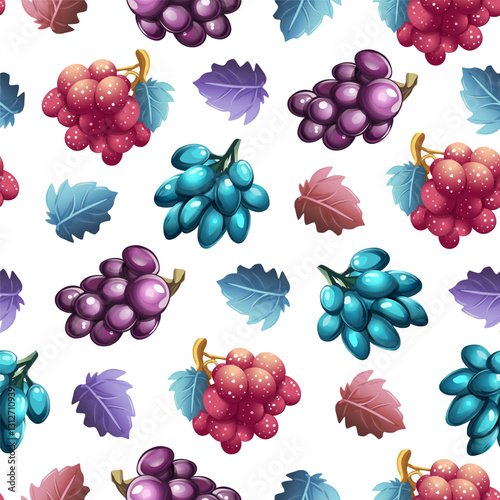 Seamless grape pattern with colorful fruit clusters. Vibrant grapevine digital illustrations in a repeating design